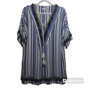 Pink Blush Blue Stripe Beachy Boho Swimsuit Cover Size M